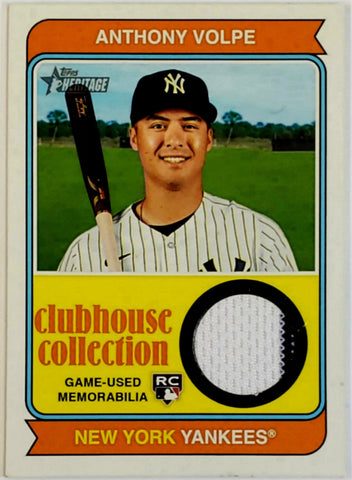 Volpe, Anthony, Rookie, Relic, Game-Used, Memorabilia, Jersey, Swatch, 2023, Topps, Heritage, High, Numbers, Short Print, SP, Clubhouse Collection, CCR-AV, RC, Prospect, New York, Yankees, Bronx, Bombers, Home Runs, Slugger, RC, Collectible, Baseball, MLB, Baseball Cards