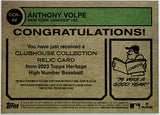 Volpe, Anthony, Rookie, Relic, Game-Used, Memorabilia, Jersey, Swatch, 2023, Topps, Heritage, High, Numbers, Short Print, SP, Clubhouse Collection, CCR-AV, RC, Prospect, New York, Yankees, Bronx, Bombers, Home Runs, Slugger, RC, Collectible, Baseball, MLB, Baseball Cards