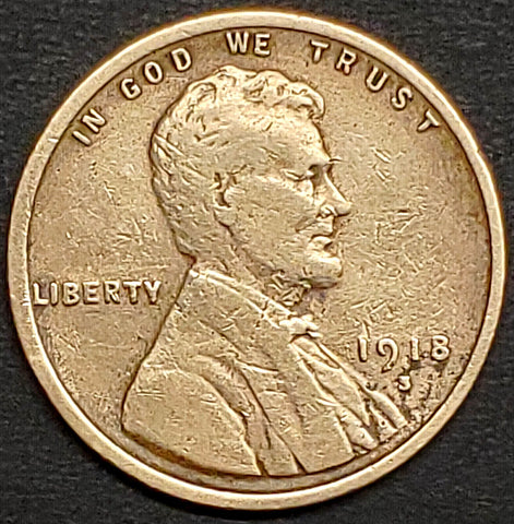 1918-S, Lincoln, Wheat, Cent, Coin, Penny, 1918, San Francsico, Mint, S, World War I Era, WWI, Low Mintage, Semi, Key Date, Mintmark, Copper, Wheatie, Wheat Ears, Detail, Wheat Back, Vintage, Rare, Metal, Antique, Collectible, Memorabilia, Invest, Hobby, Coins