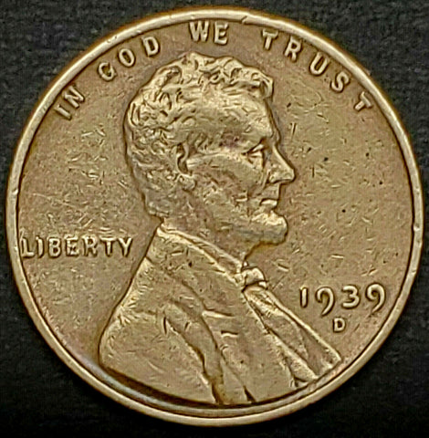 1939-D, Lincoln, Wheat, Cent, Coin, Penny, 1939, Denver, Mint, D, WWI Era, WWII, Low Mintage, Semi, Key Date, Mintmark, Copper, Wheatie, Wheat Ears, Detail, Wheat Back, Vintage, Rare, Metal, Antique, Collectible, Memorabilia, Invest, Hobby, Coins