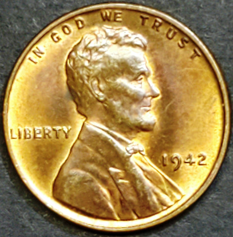 1942, Lincoln, Wheat, Cent, Coin, Penny, 1942-P, Philadelphia, Mint, P, Detail, Lines, Shiny, Toning, Tone, Orange, Blue, Gold, World War II, WWII, Era, Low Mintage, Semi, Key Date, Mint Mark, Mintmark, Copper, Wheatie, Wheat Ears, Detail, Wheat Back, Vintage, Rare, Metal, Antique, Collectible, Memorabilia, Invest, Hobby, Coins