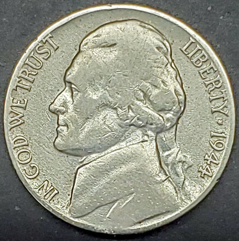 1944-P, Jefferson, Nickel, Five Cents, Cent, Coin, 1944, Silver, War Nickel, Philadelphia, Mint, P, Early, WWII, World War II, Era, History, Detail, Lines, Shiny, Monticello, Steps, Low Mintage, Semi, Key Date, Mint Mark, Copper, Manganese, Vintage, Rare, Metal, Antique, Collectible, Memorabilia, Invest, Hobby, Coins