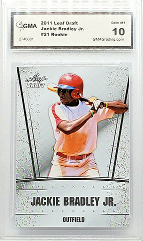 Bradley, Jr, Rookie, Graded 10, Gem Mint, GMA 10, Jackie, 2011, Leaf, Draft, Collegiate, National, Boston, Red Sox, ALCS MVP, Gold Glove, World Series, JBJ, Defense, Home Runs, RC, Baseball Cards