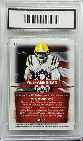 Graded 10 Joe Burrow Rookie "All-American" 2020 Leaf Draft #61 Bengals CardboardandCoins.com Graded 10 Joe Burrow Rookie "All-American" 2020 Leaf Draft #61 Bengals CardboardandCoins.com