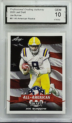 Burrow, Rookie, Graded 10, Gem Mint, PGA 10, Joe, 2020, Leaf, Draft, All-American, 61, Football, Heisman, First Overall Pick, NFL Draft, Quarterback, QB, Super Bowl, Cincinnati, Bengals, Touchdowns, Touch Downs, NFL, RC, Football Cards