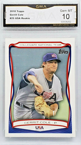 Cole, Gerrit, Rookie, RC, Graded 10, Gem Mint, GMA, Topps, USA, Collegiate, Astros, Yankees, Pitcher, Hobby, Collect, Baseball Cards
