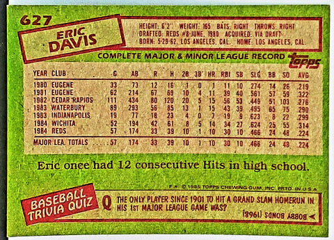 Eric Davis Rookie 1985 Topps #627 Reds All-Star 30/30 Power/Speed ...