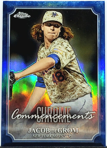 DeGrom, Jacob, Refractor, 2015, Topps, Chrome, Commencements, COM-1, COM1, 1, Insert, Jake, Pitcher, Ace, Phenom, Rookie of The Year, ROY, 2x Cy Young, All-Star, ERA Title, New York, Mets, Strikeouts, Ks, Baseball, MLB, RC, Baseball Cards