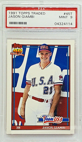 Giambi, Rookie, Jason, PSA 9, Graded 9, 1991, Topps, Traded, 45T, Team USA, New York, Yankees, Oakland, Athletics, A's, Slugger, Home Runs, RC, Baseball Cards