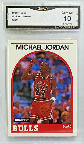 Jordan, Michael, Graded 10, Gem Mint, GMA 10, 1989, Hoops, 200, HOF, ROY, MVP, All-Star, Finals MVP, Chicago, Bulls, Champ, Rings, Finals, Points, NBA, Basketball Cards