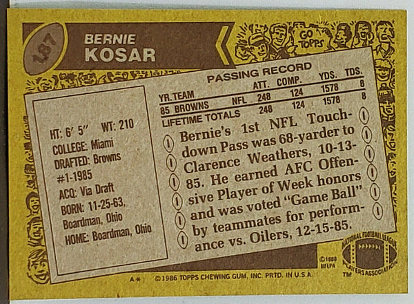 Bernie Kosar Rookie 1986 Topps Football #187 QB, Cleveland Browns, NFL ...