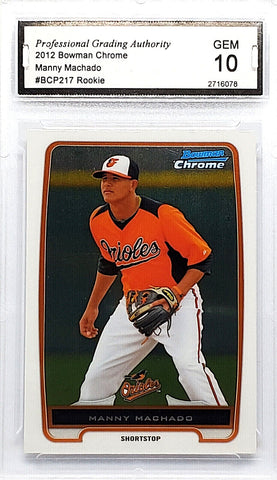 Machado, Manny, Rookie, Graded, Graded 10, PGA 10, Gem Mint, 2012, Bowman, Chrome, Prospects, BCP217, Topps, RC, Platinum Glove, Gold Glove, Defense, Defensive, Shortstop, 3rd Base, All-Star, Silver Slugger, Slam Diego, Baltimore, Orioles, Dodgers, San Diego, Padres, Home Runs, Slugger, RC, Baseball, MLB, Baseball Cards