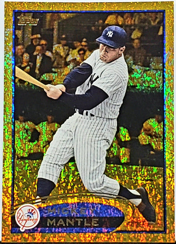 Mantle, Mickey, Gold, Sparkle, SP, Refractor, Error, 3B Twice, 2012, Topps, 7, The Mick, HOF, MVP, World Series, Triple Crown, Batting Title, All-Star, Gold Glove, Defense, Defensive, New York, Yankees, Bronx, Bombers, Home Runs, Slugger, RC, Baseball, MLB, Baseball Cards