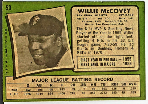 Willie McCovey 1971 Topps #50 1st Base, Giants, HOF, Nice Card! –