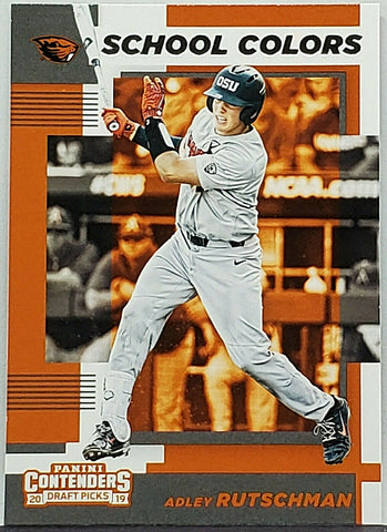 Rutschman, Rookie, Adley, 2019, Panini, Contenders, School Colors, 1, RC, 1st Pick Overall, Catcher, Baltimore, Orioles, Oregon State, NCAA, College, Home Runs, Slugger, RC, Baseball Cards