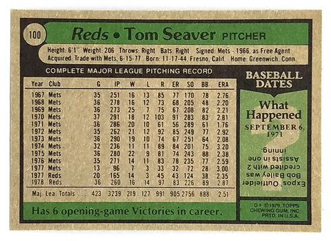 Tom Seaver 1979 Topps #100 HOF Pitcher, Reds, Mets, Tom Terrific! –