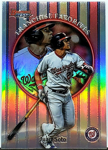 Soto, Juan, Refractor, 1999 Retro, 2019, Bowman's Best, Franchise, Favorites, 99FF-JS, Topps, Insert, RC, Phenom, All-Star, Silver Slugger, On Base Percentage, OBP, Batting Champion, Batting Title, Batting Champ, World Series, Champ, Title, Soto Shuffle, Childish Bambino, Washington, Nationals, Home Runs, Slugger, RC, Baseball, MLB, Baseball Cards