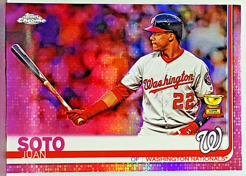 Soto, Rookie Cup, Pink Refractor, Juan, 2019, Topps, Chrome, 155, Washington, Nationals, Slugger, Hits, Home Runs, RC, Baseball Cards