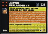 Verlander, Rookie Of The Year, ROY, Award, Justin, 2007, Topps, 326, RC, MVP, CY Young, Pitching, Triple Crown, No Hitters, All-Star, Wins, World Series, Detroit, Tigers, Houston, Astros, Pitcher, Strikeouts, Ks, Baseball, MLB, RC, Baseball Cards